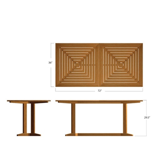 15816 Pyramid 6 ft Rectangular Teak Table showing autocad of table top and end and side views on white background