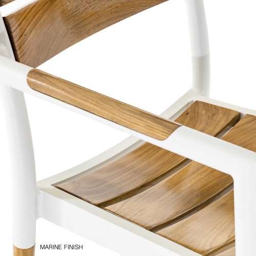 70463 Bloom teak and powder coated aluminum armchair angled closeup view of seat and armrest on white background
