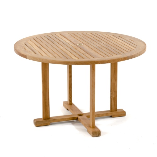15047 Teak 4ft Round Dining Table in angled side view of table top on white background
