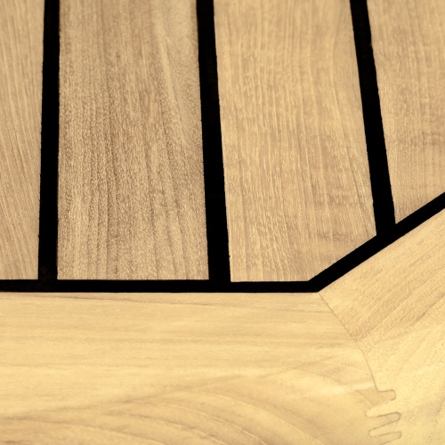 70623 Vogue Barbuda teak and stainless steel 48 inch round dining table closeup view of table top showing sikaflex Marine sealant between table spats