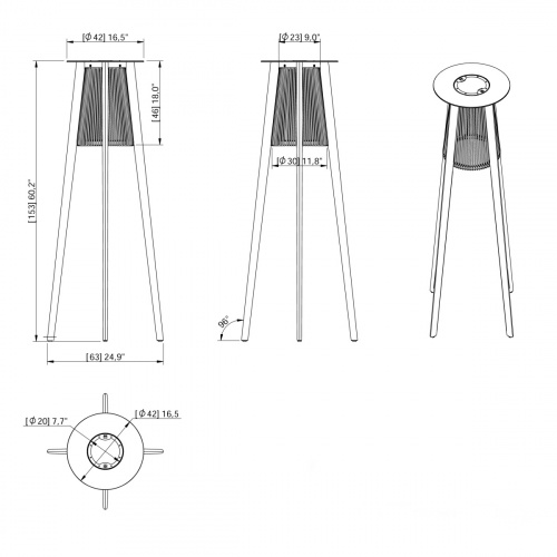 45102 Luna Standing Lamp showing autocad in side views and angled top view on white background