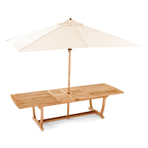  70006 Veranda 10 foot long teak rectangular extending dining table aerial view with optional market umbrella on white background