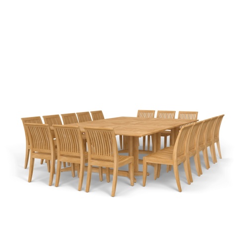 70288 Pyramid Teak Dining Set for 16 showing 3 Pyramid 72 inch Rectangular Dining Tables and 16 Laguna Teak Side Chairs in angled corner view on white background