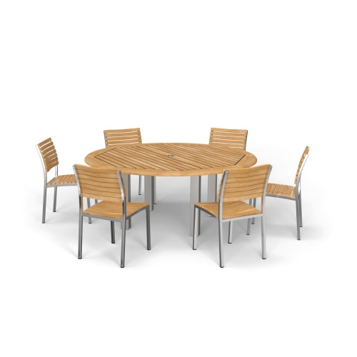 70428 Vogue 7pc Round Dining Set of Vogue 6 ft Round DIning Table and 6 Vogue Side Chairs in angled top view on white background