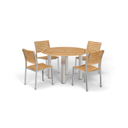 70438 Vogue Dining Set for 4 of Vogue Teak and Stainless Steel 48 inch Round Dining Table and 4 Vogue Side Dining Chairs in angled top view on white background