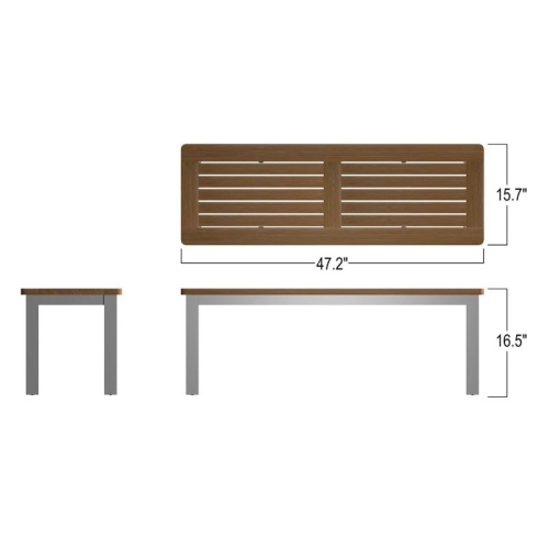 23940 Vogue Teak and Stainless Steel Backless Bench showing autocad of bench seat and end and side views on white background 
