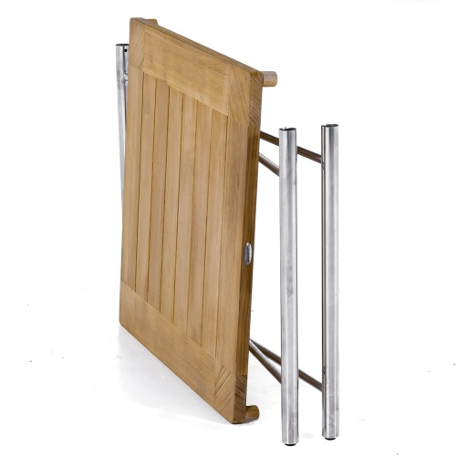 25815 Odyssey teak and stainless steel dining table folded flat angled side view on white background