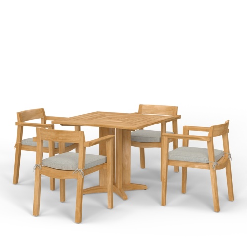 70531 Horizon Pyramid 5 piece Dining Set of a Pyramid Square Teak Table and 4 Horizon Dining Chairs with optional seat cushions in angled side view on white background 
