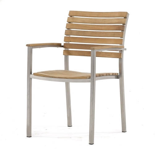 70606 Vogue Nevis teak and stainless steel side dining chair front facing angled view on white background