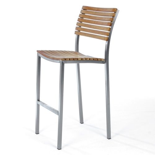 70667 Vogue teak and stainless steel bar stool left side angled view on white background