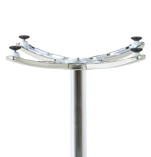70712 Vogue teak and stainless steel Table Base side view showing closeup of leveler on white background