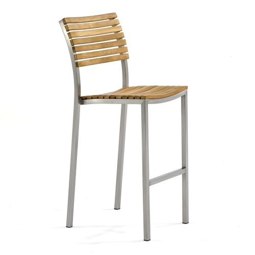 70806 Vogue Teak and Stainless Steel High Back Bar Stool side angled view on white background