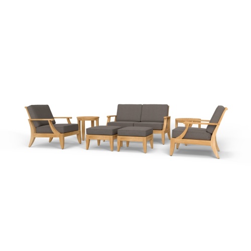 70877 Laguna 7 piece teak Love Seat Set of Laguna 58 inch Love Seat and 2 Lounge Chairs and 2 Side Tables and 2 Ottomans  in front angled view on a white background
