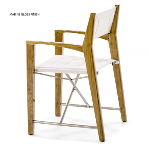 12915F Odyssey Teak Director Chair in marine gloss finish facing front left side angled closeup view of chair seat and back on white background