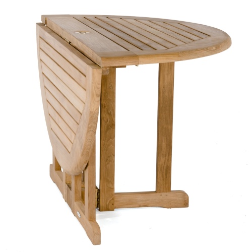 15623S Barbuda Teak 4 ft round Folding Dining Table showing one side folded half on white background