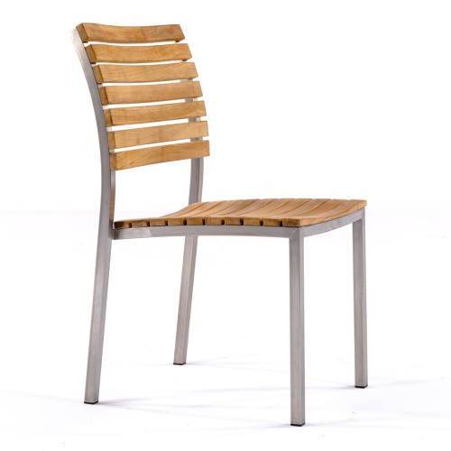 21007 Vogue teak and stainless steel Side Chair angled side view on white background