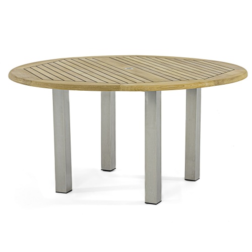 25014 Vogue stainless steel and teak 60 inch diameter round dining table with sikaflex sealant between teak slats side angle view on white background