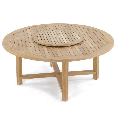 15348 Buckingham Teak 6 ft Round Table in aerial view of table top showing optional teak lazy susan in center on white background 