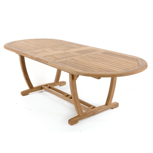 15504 Montserrat teak oval dining table angled end view showing double butterfly leaves extended on white background
