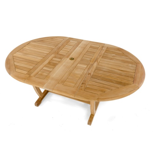 15548 Martinique Teak Table showing top view in extended position and umbrella hole on white background