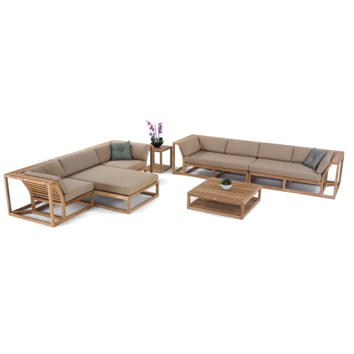 70233 Maya 7 Piece Teak Sectional Sofa Set with cushions potted orchid plant on side table and plant on coffee table on white background