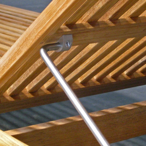 70308 Horizon teak double chaise set frame showing closeup of multi position reclining mechanism 