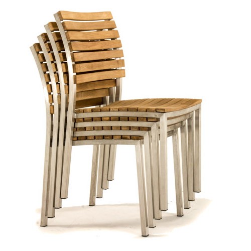 21007 Vogue teak and stainless steel Side Chair stacked 4 high in right side view on white background
