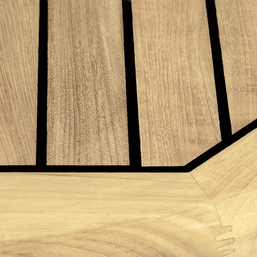 25014 Vogue stainless steel and teak round dining table showing closeup view of table top with sikaflex sealant between teak slats