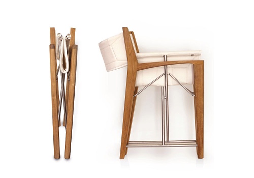 12915F Odyssey Teak and 316L Stainless Steel Chair completely folded showing side and end views on white background