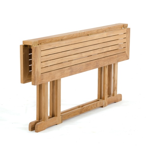 70476 Odyssey 5 foot rectangular teak folding dining table angled view with both leaves folded down on white background