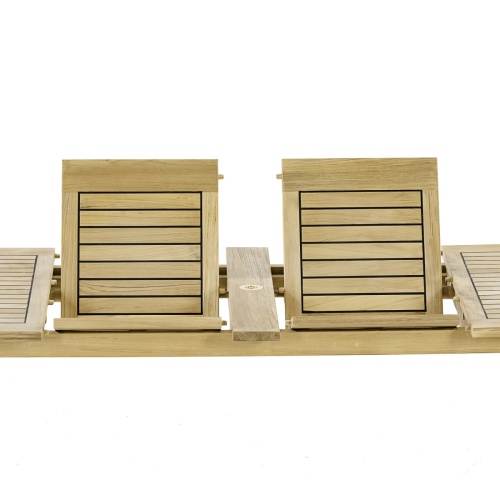 15978 Grand Laguna teak 11 foot rectangle dining table showing closeup view of double butterfly extensions side view on white background