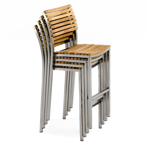 70806 Vogue Teak and Stainless Steel High Back Bar Stool stacked 4 high side angled view on white background