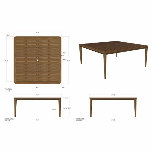 15075 Veranda teak Square Dining Set showing autocad of top and corner and side views on white background
