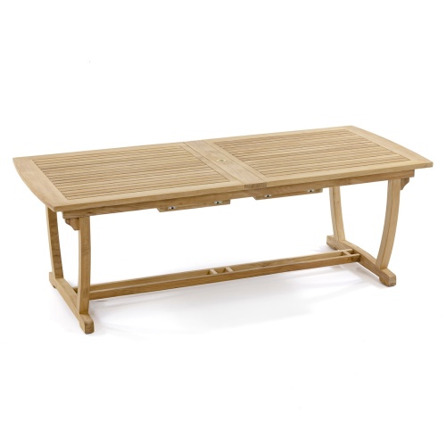 15585 Veranda Teak Table in closed position both leaves in storage area aerial angled side view on white background