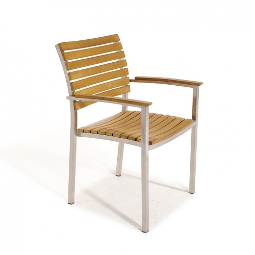22007 Vogue Teak and Stainless Steel Stackable Dining Armchair in side angled view on white background