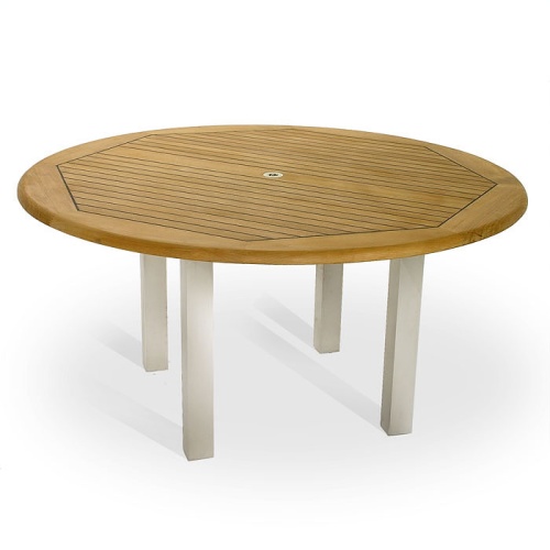 25015 Vogue teak and stainless steel 6 foot Round Table angled top view on white background