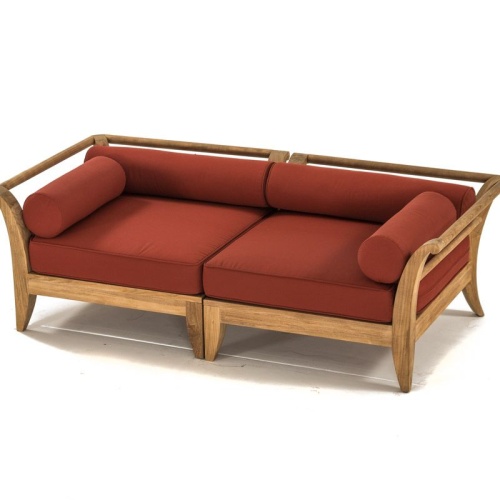 70429 aman dais teak two piece loveseat set showing two corner sectionals with bolsters and cushions front angle on white background