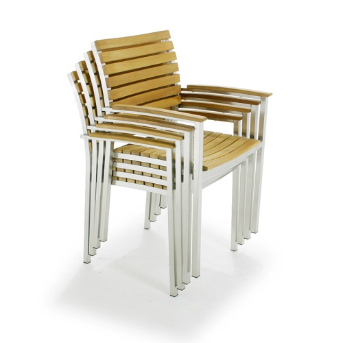 22007 Vogue teak and stainless steel armchair stacked 4 high side angled on white background
