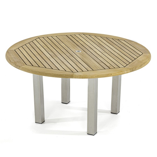 25014 Vogue teak and stainless steel 60 inch diameter round table angled aerial view on white background