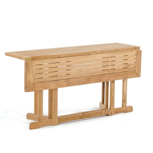 70476 Odyssey 5 foot rectangular teak folding dining table angled view one side folded down on white background