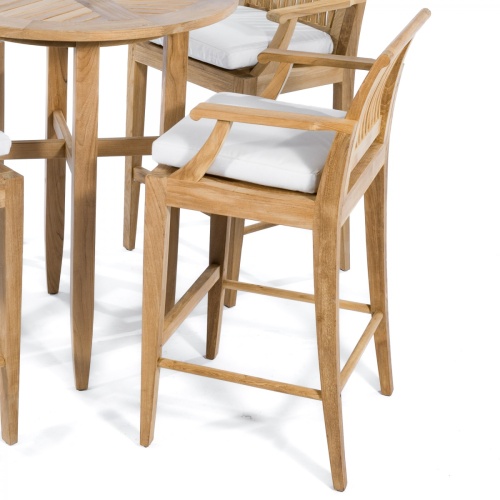 70501 Laguna 5pc teak Bar Set closeup view of two bar stools and table with optional seat cushions on white background