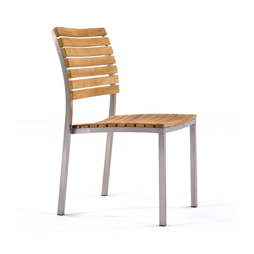 21007 Vogue Teak and 304 Stainless Steel Side Chair in angled side view on white background