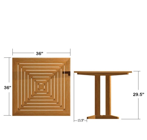 15815 Pyramid 36 inch Square Dining Table showing autocad of table top and side views on white background