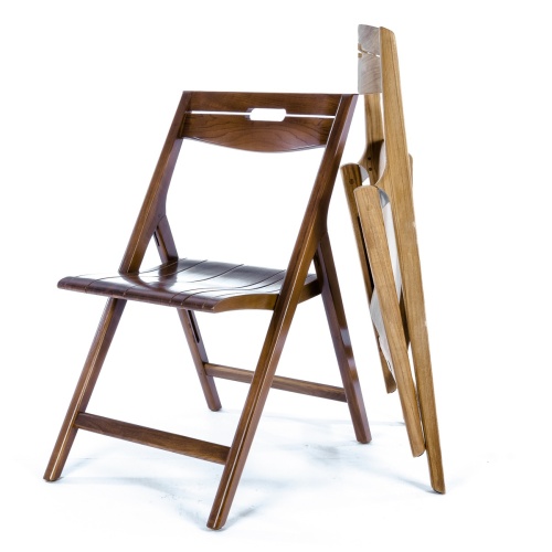 11916 Surf teak folding dining chair showing 2 with one open in Poly Espresso finish and one folded closed leaning against the open chair on white background