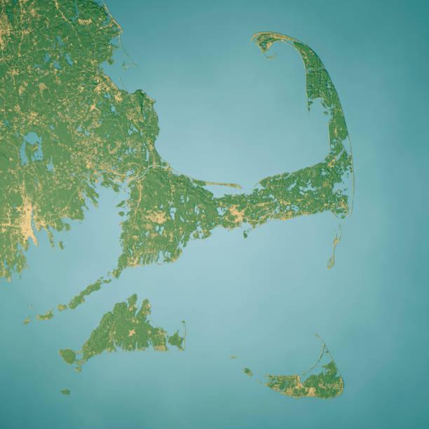 An image of a 3D Topographic Map of Cape Cod, Nantucket Sound, Nantucket Island and Martha's Vineyard.